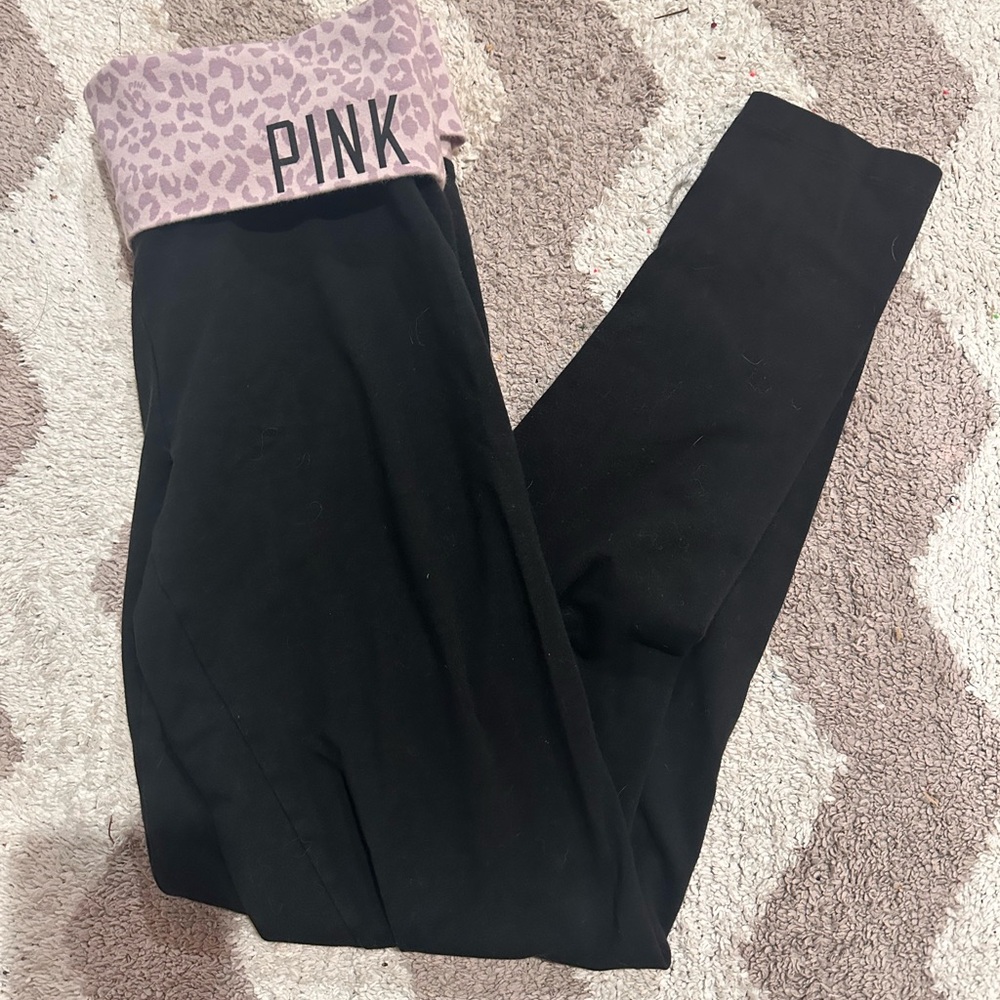PINK Victoria's Secret Black Leggings with Pink Leopard Waistband
